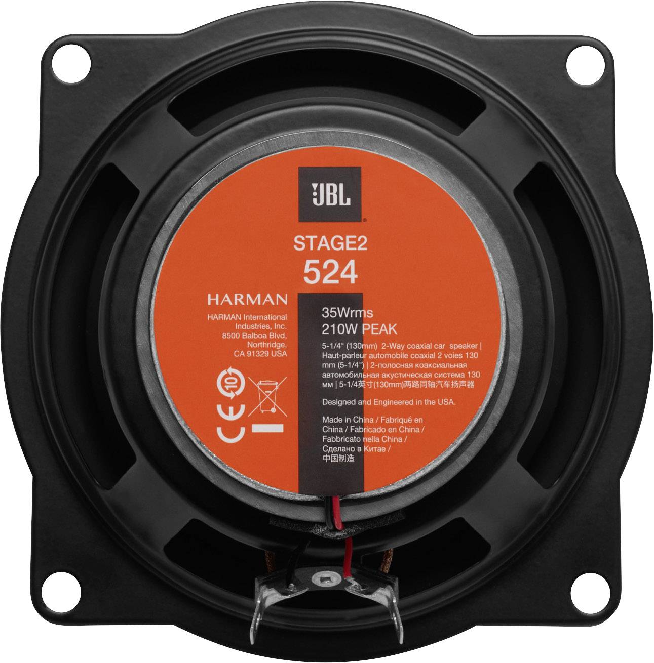 Luidspreker achterkant met oranje etiket, toont technische specificaties: 35W RMS, 210W piekprestatie, JBL-logo bovenaan.