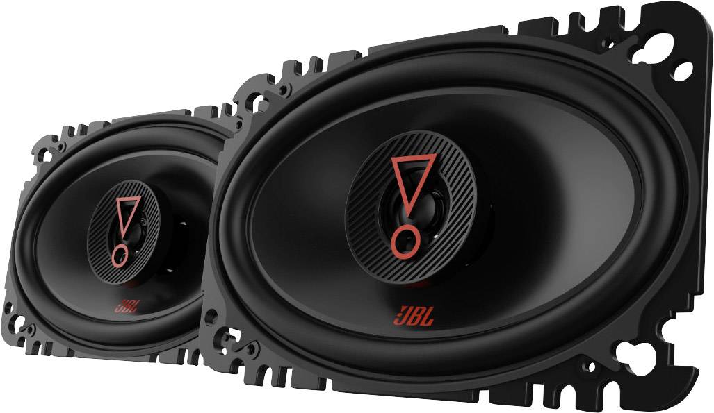 Twee ovale JBL-luidsprekers in het zwart met een rood logo en een opvallend middendeel, ideaal voor hoogwaardige geluidskwaliteit in voertuigen.