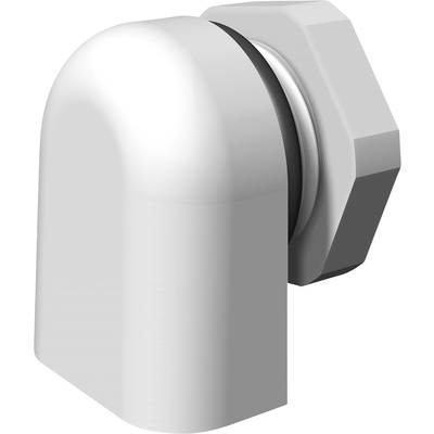 Een witte, gebogen buisaansluiting met zeskantmoer en dichting. Verbindt buizen in sanitaire installaties.