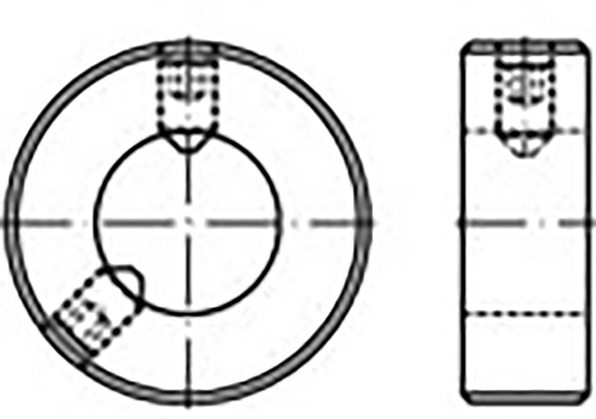 Technische tekening: Zij- en bovenaanzicht van een cilindrisch onderdeel met binnendraad. Dwarse boring door zijvlak.
