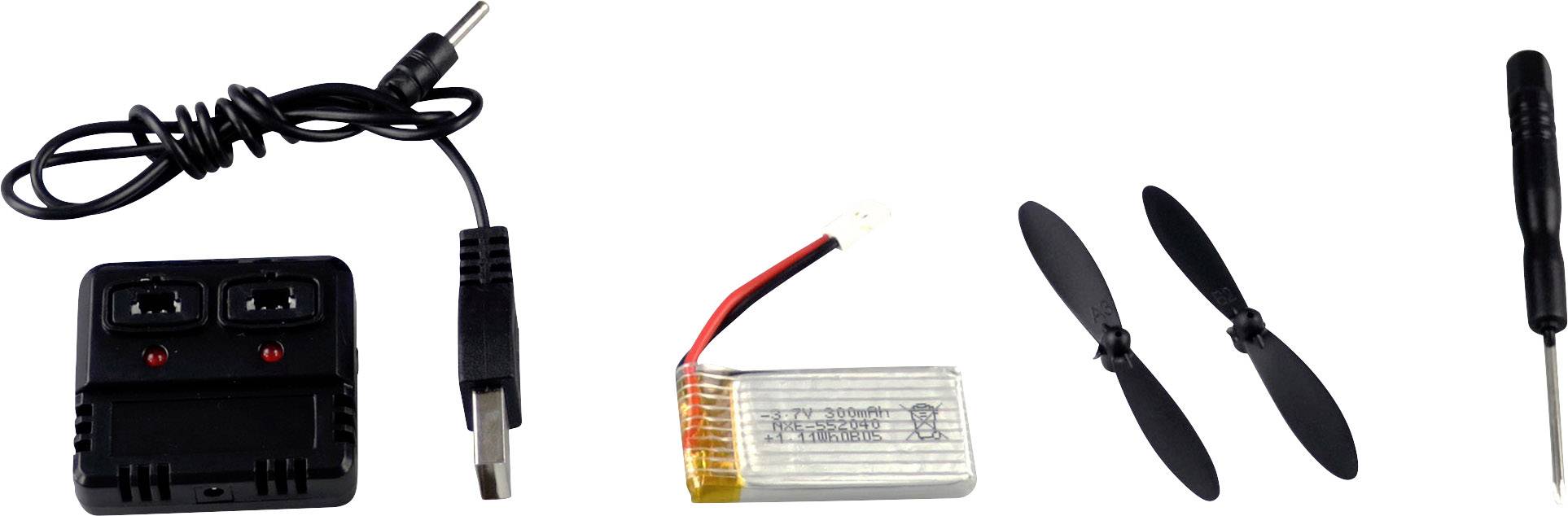 Een drone-accessoireset bestaande uit een oplader met USB-kabel, een accu, twee rotorbladen en een schroevendraaier.