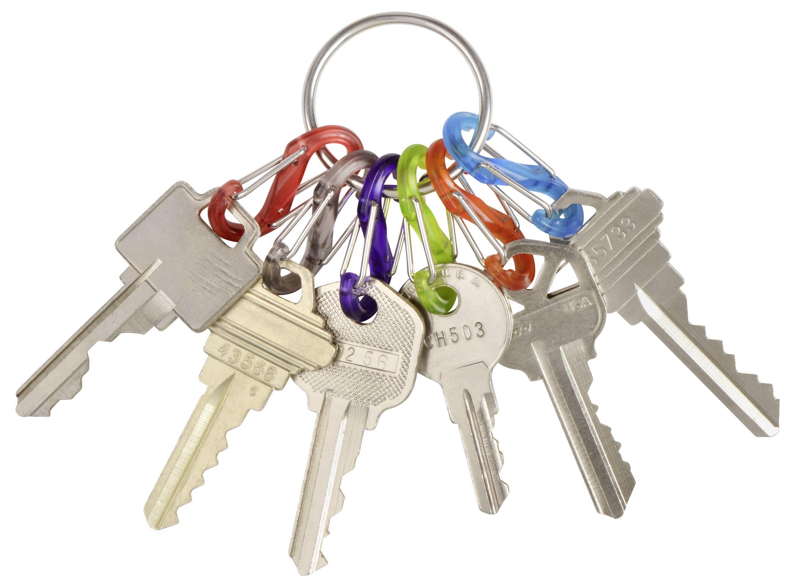 'Een set diverse metalen sleutels aan een sleutelhanger, waarbij elke sleutel unieke vormen en groeven heeft, wat wijst op gebruik voor verschillende sloten.'