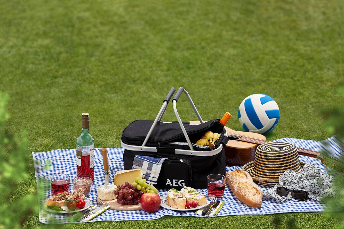 Picknick op een weide met een kleed, mand, brood, fruit en drank. Volleybal op de achtergrond. Zomerse sfeer.