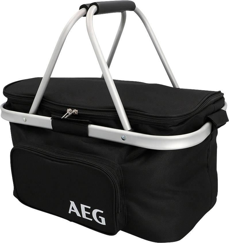 Zwarte winkelwagen met zilveren metalen handgreep. Voorzijde toont witte tekst 'AEG'.