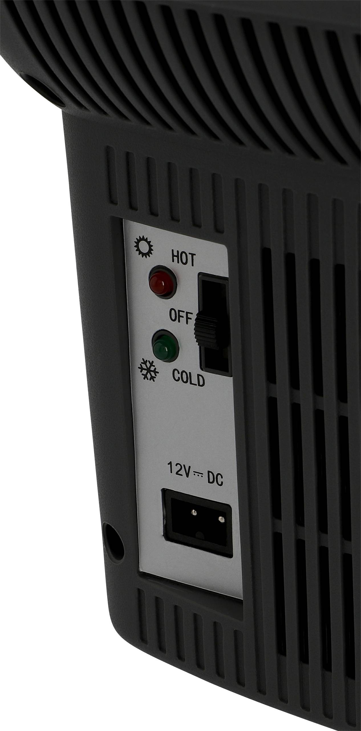 De uitsnede toont een schakelaar voor een verwarmingsventilator. Drie standen zijn zichtbaar: 'Hot', 'Uit' en 'Cold'. Daaronder bevindt zich een aansluiting voor '12V⇢ DC'.