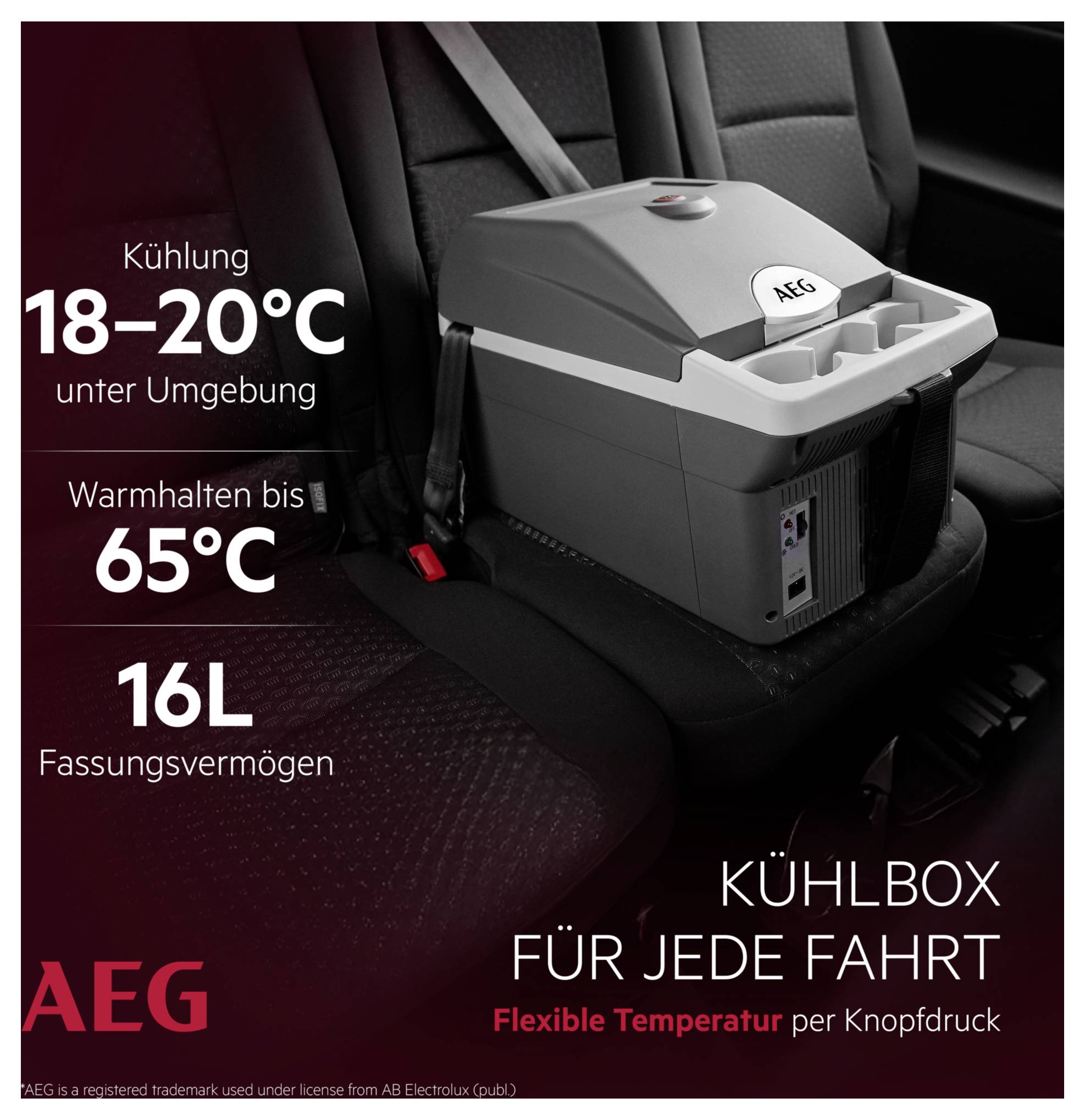 Een mini AEG koelbox staat op een autostoel. Deze onderhoudt 18-20°C voor koeling en tot 65°C voor verwarming, met een capaciteit van 16L. De tekst luidt 'Koelbox voor elke rit'.