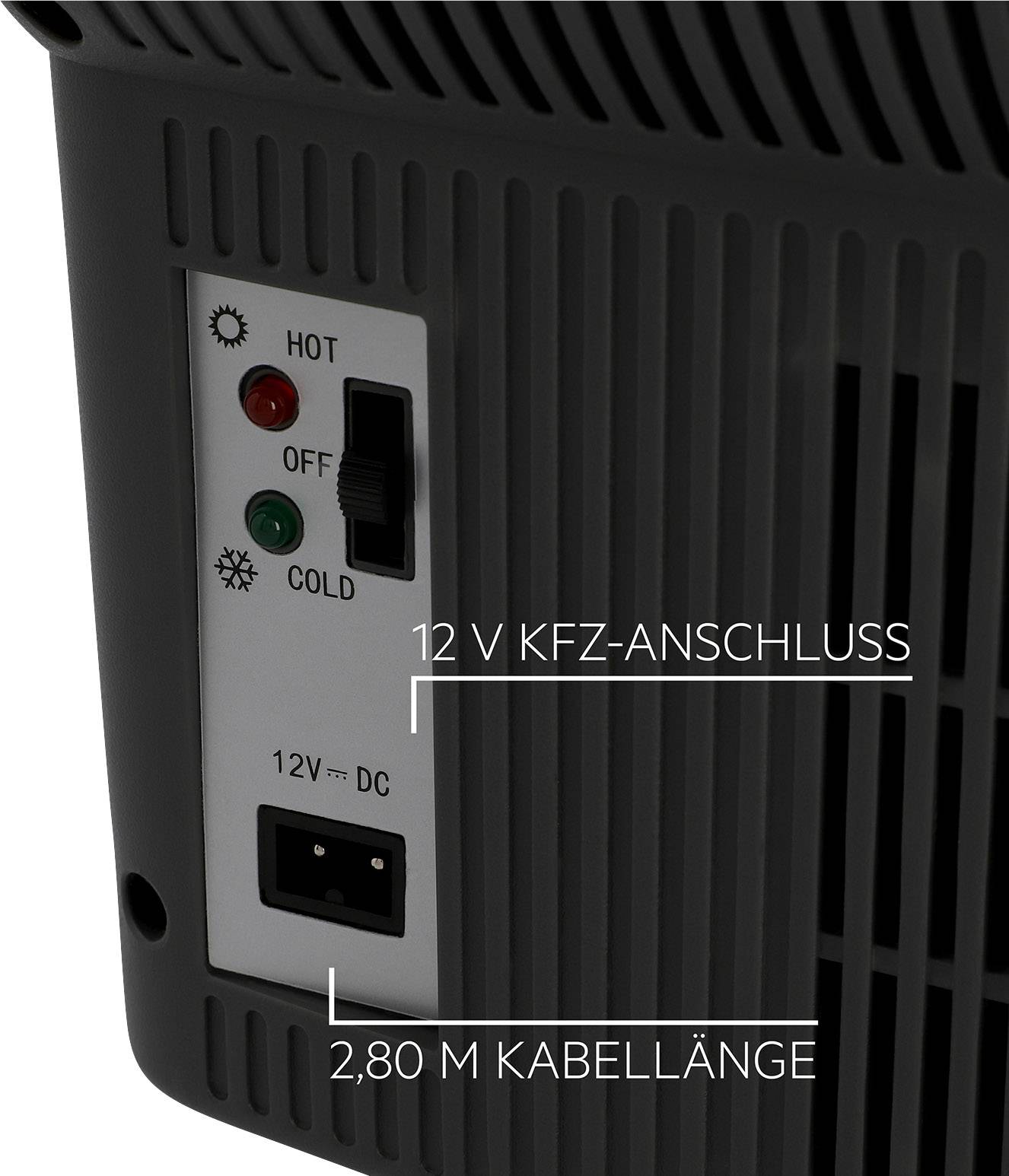 'Schakelaar met opties: WARM, UIT, KOUD. 12 V auto-aansluiting, 2,80 m kabellengte.'