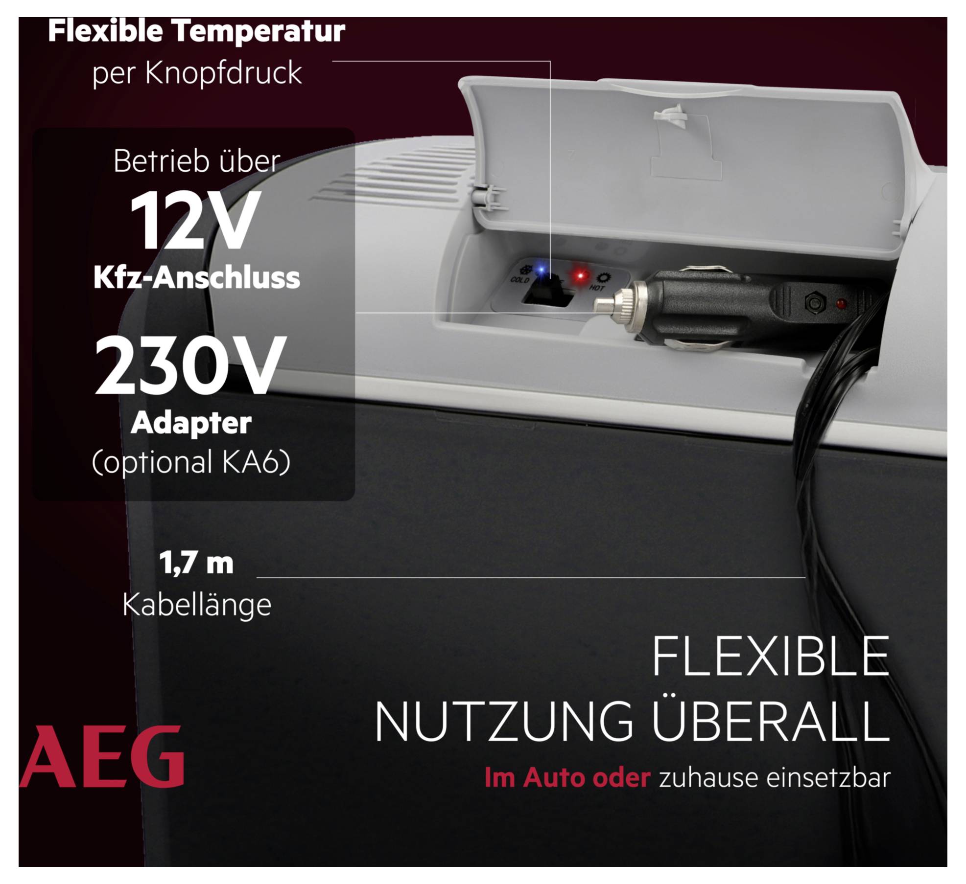 'Flexibel Gebruik Overal' advertentie toont een apparaat met zowel een 12V-autoadapter als een 230V-adapter, waarbij flexibele temperatuurregeling en een kabellengte van 1,7 meter worden benadrukt.