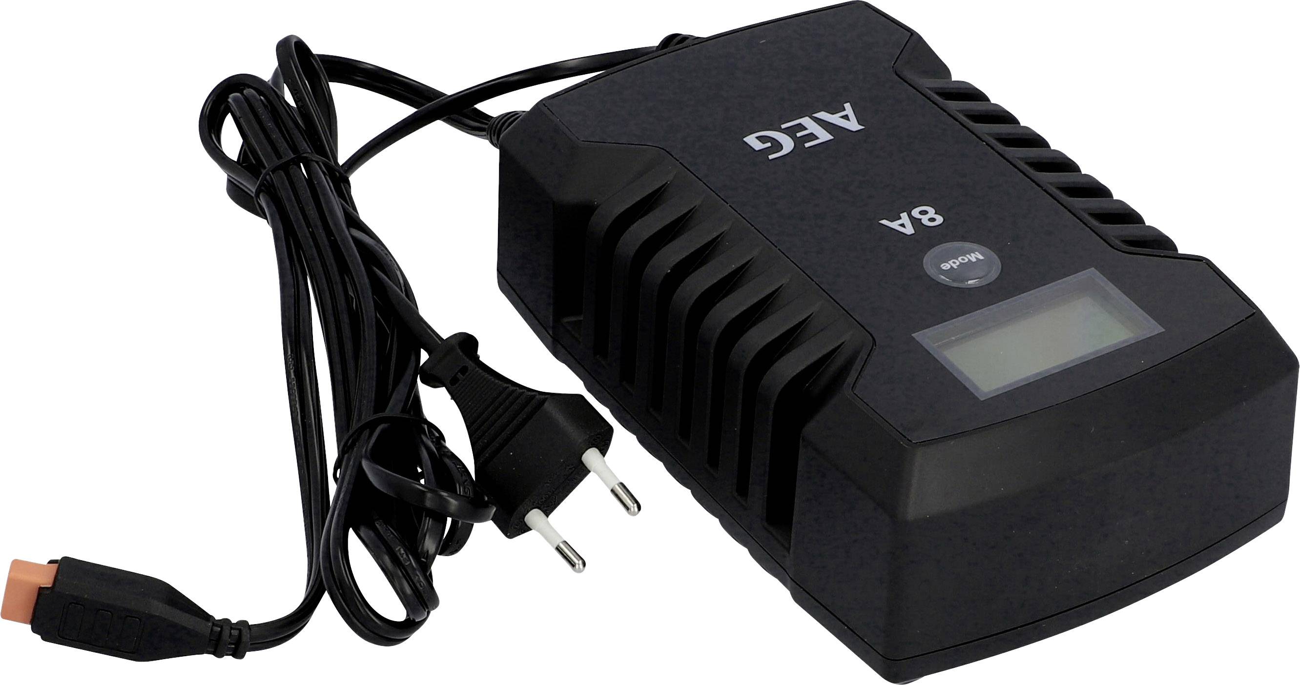 Zwarte AEG-batterijlader met kabel en stekker, modelnummer '84'.