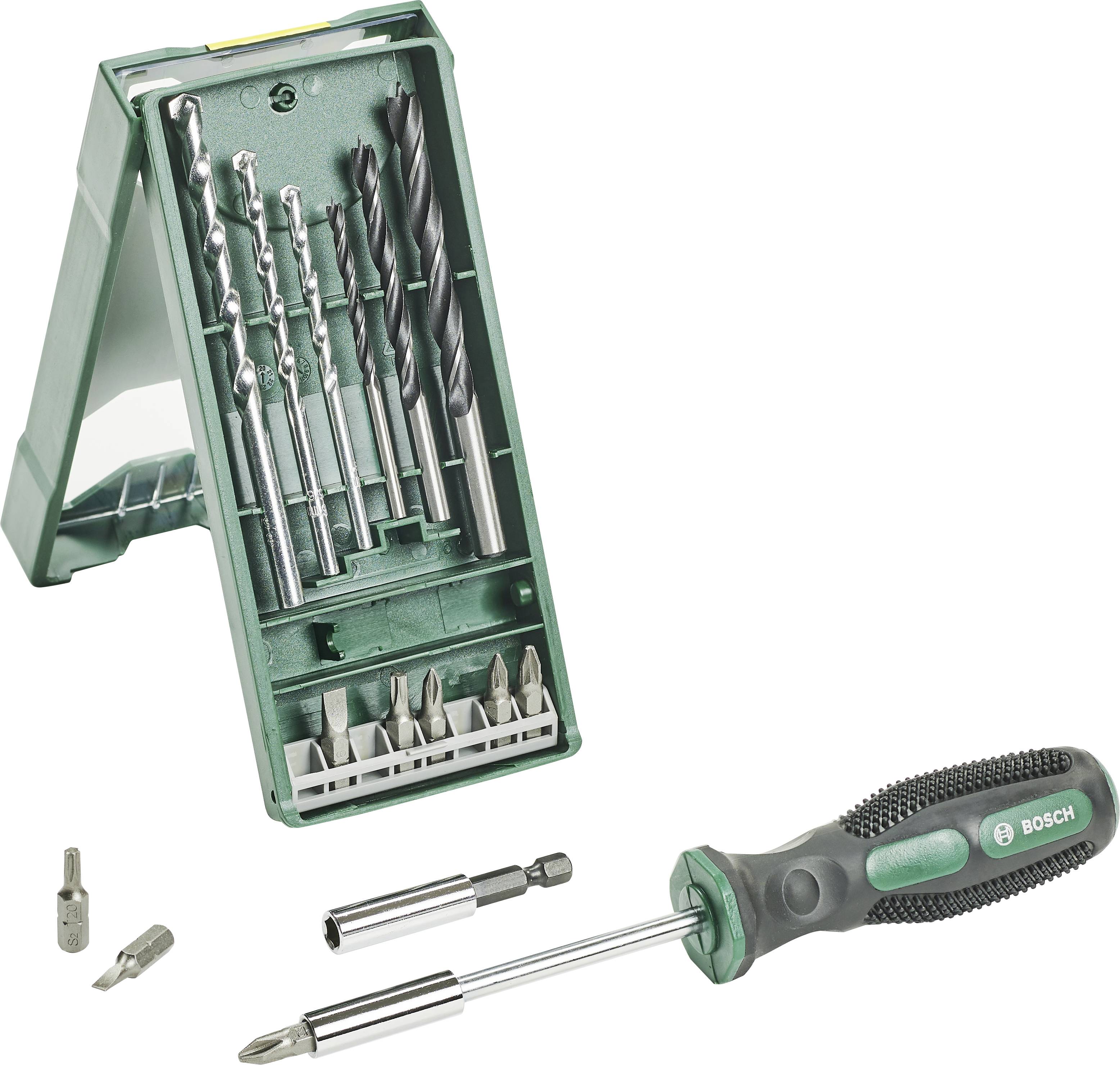 Een set bestaande uit een groene koffer met tien boren en een schroevendraaier met verschillende bits, geschikt voor doe-het-zelf werkzaamheden.
