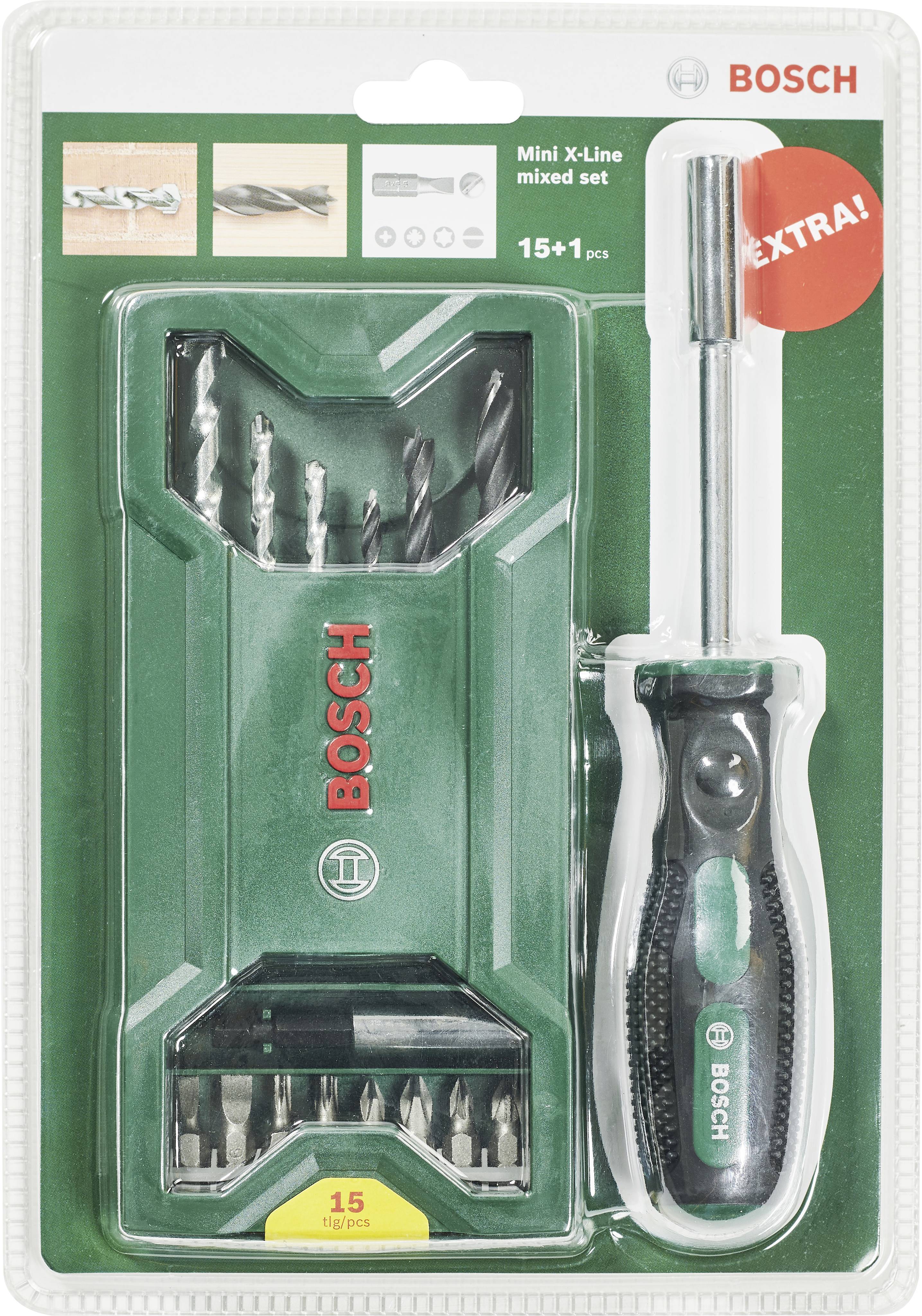 Verpakking van een Bosch Mini X-Line schroevendraaier- en borenset met bits en houder. Bevat 15+1 onderdelen.