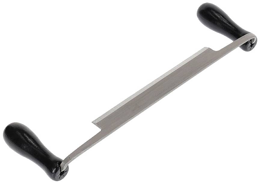 Snijmes met twee zwarte houten handgrepen en een metalen lemmet, gebruikt voor houtbewerking en houtsnijwerk.