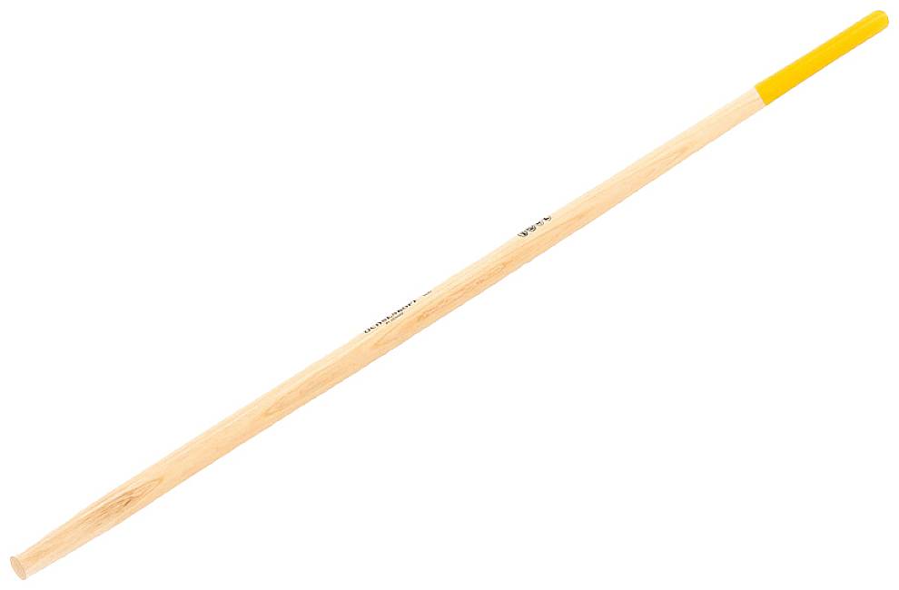 Een enkele drumstok van hout met een gele handgreep, die wordt gebruikt voor het slaan op slagwerkinstrumenten.