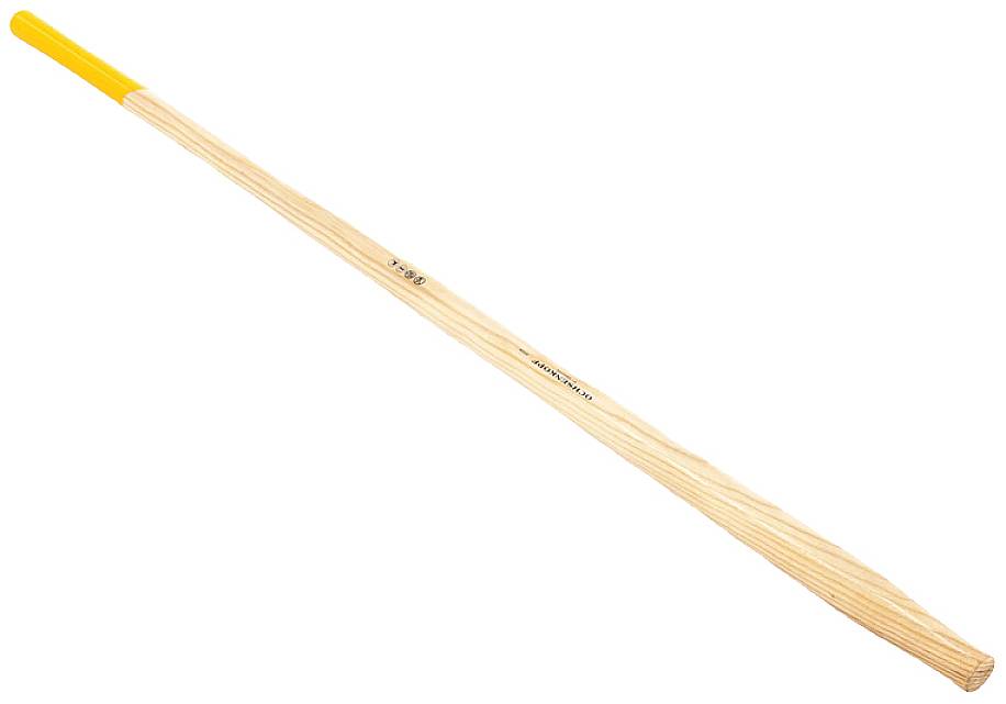 Een bezemsteel met gele handgreep, gemaakt van licht hout.