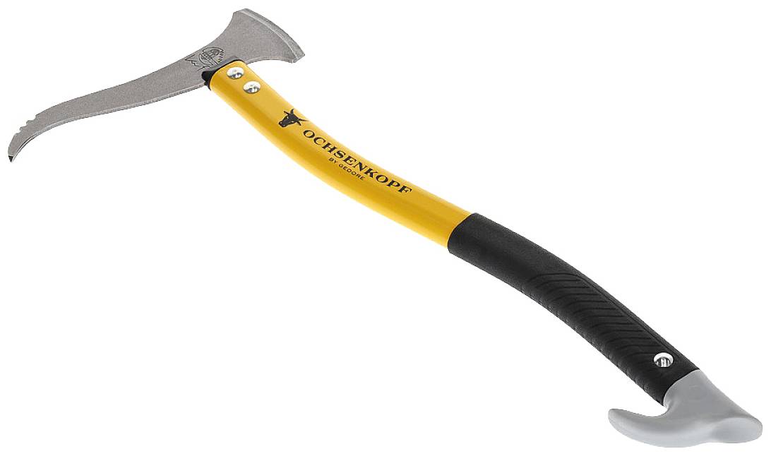 Handbijl met geel en zwart handvat, gebogen kop en haak aan het uiteinde. Geschikt voor het trekken van takken of als bosbouwtool.
