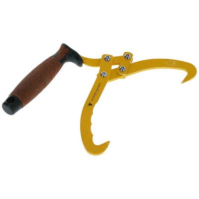 Houten tang met ergonomische handgreep en geel gelakte metalen klauwen, geschikt voor het optillen en vervoeren van boomstammen.