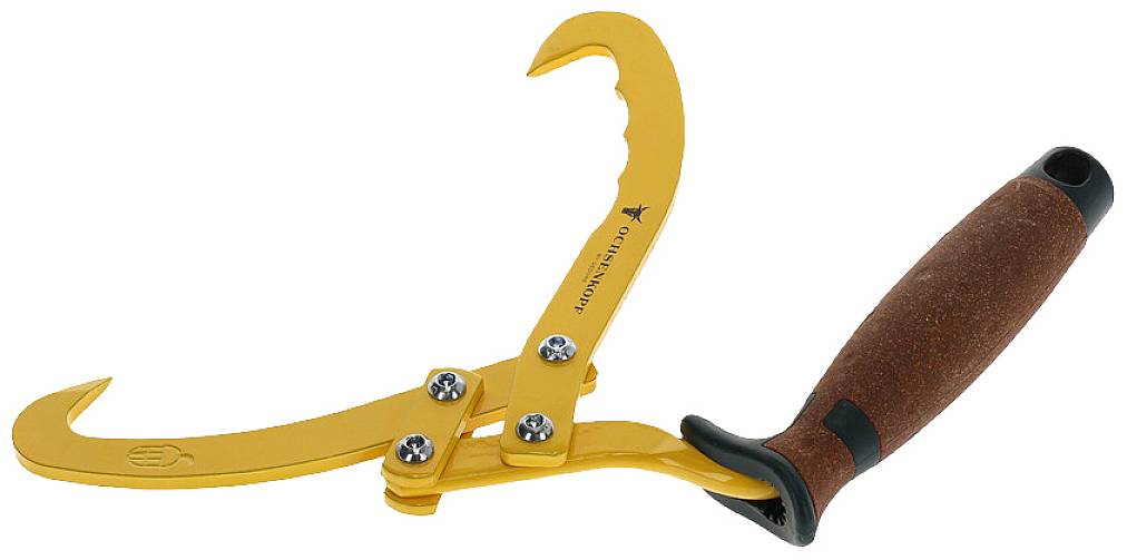Een geel, gebogen keukenmesje met twee messen, dat gebruikt wordt voor het optillen en dragen van zware voorwerpen. Houten handvat met ergonomische vorm.