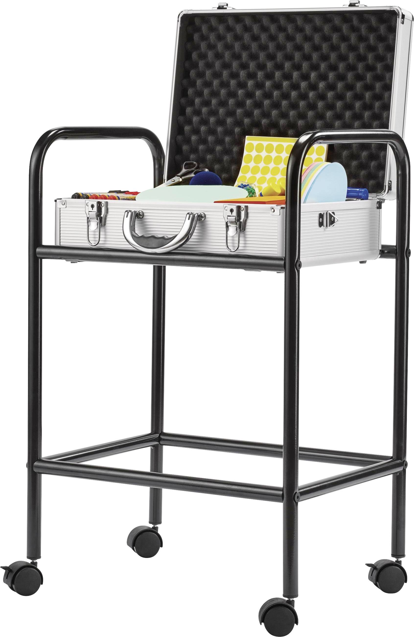 Een open koffer op een trolley, gevuld met kleurrijke bouwstenen en speelgoed, geschikt voor creatieve activiteiten.