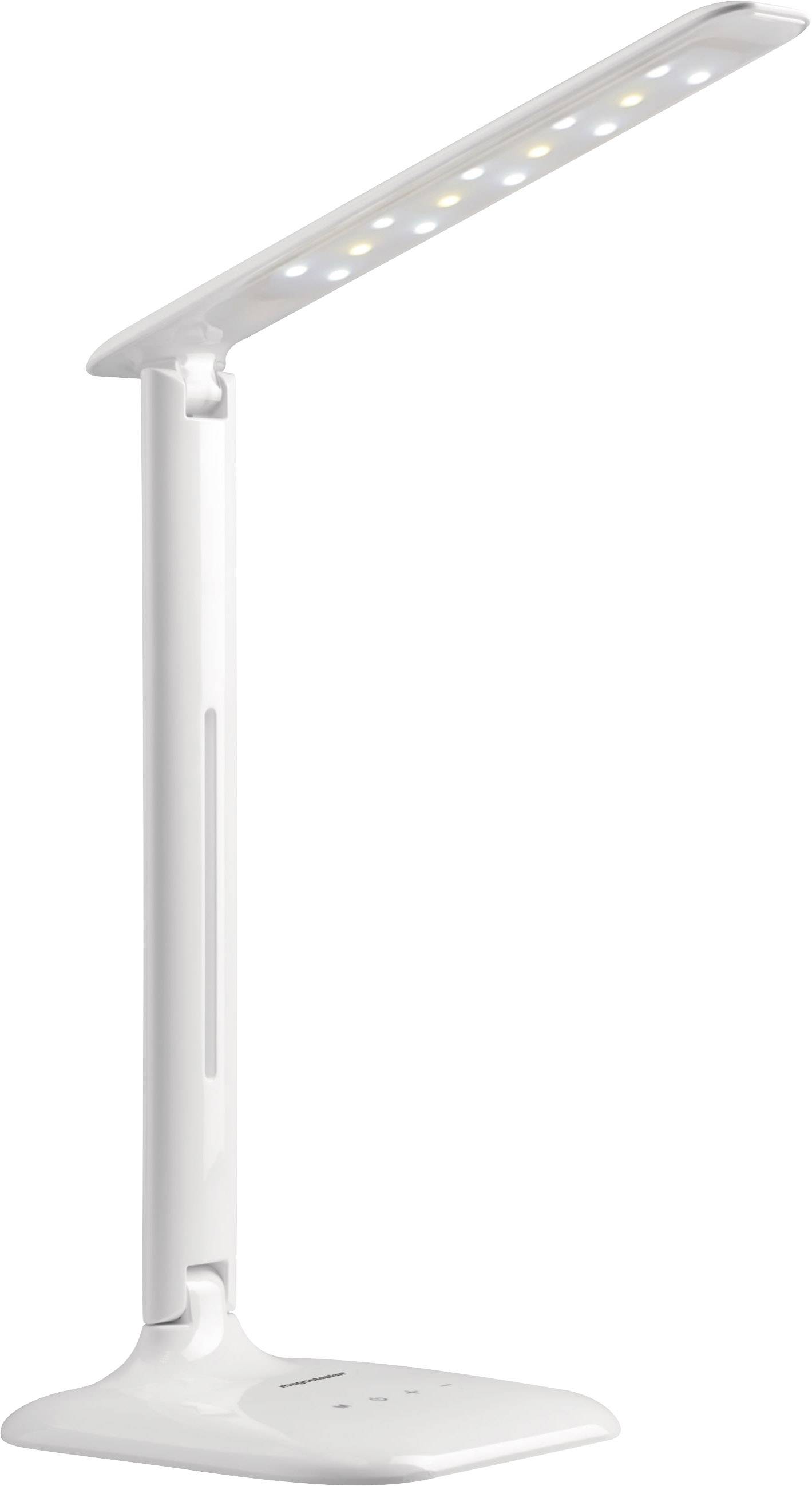 Een slanke, witte LED-bureaulamp met verstelbare arm, geschikt voor een moderne kantoor- of thuiswerkplek.