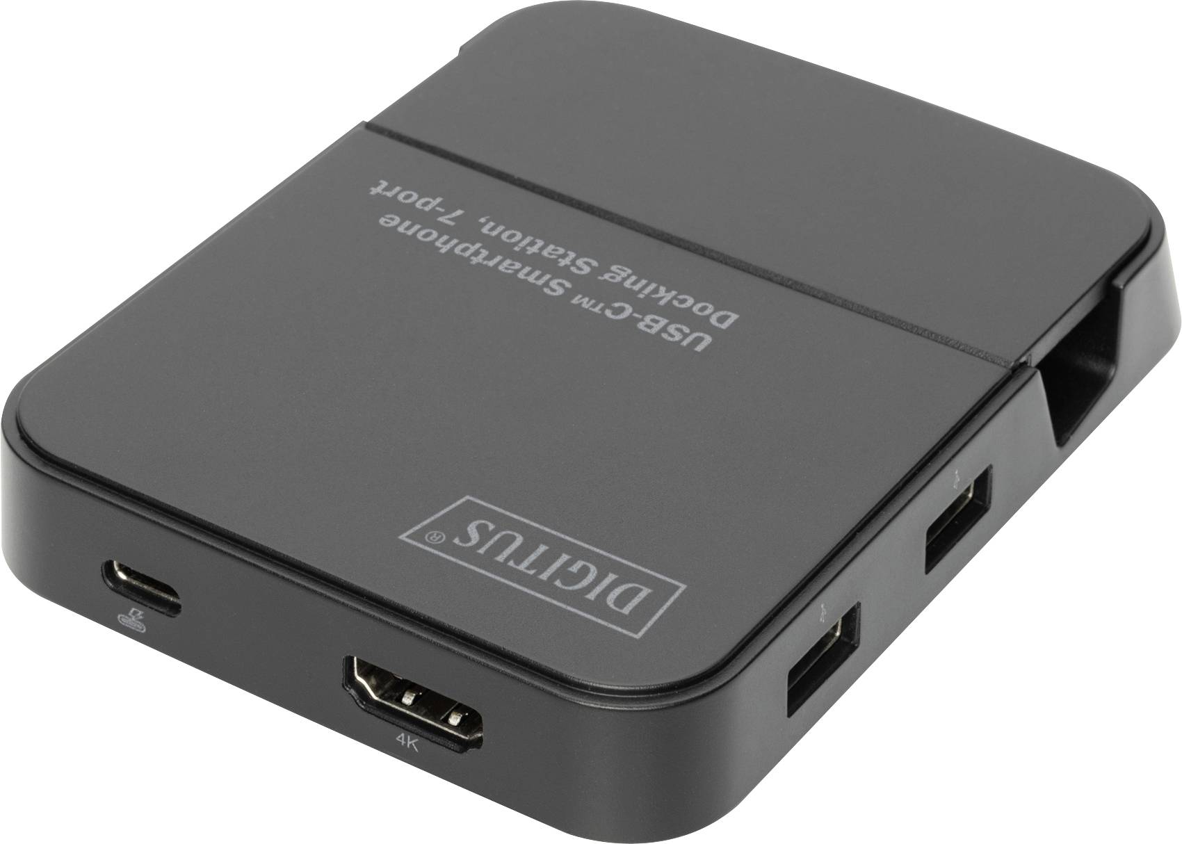 Een draagbare USB-C-dockingstation met meerdere aansluitingen, waaronder USB, HDMI en een laadaansluiting. Gemarkeerd met 'DICNUTS'.