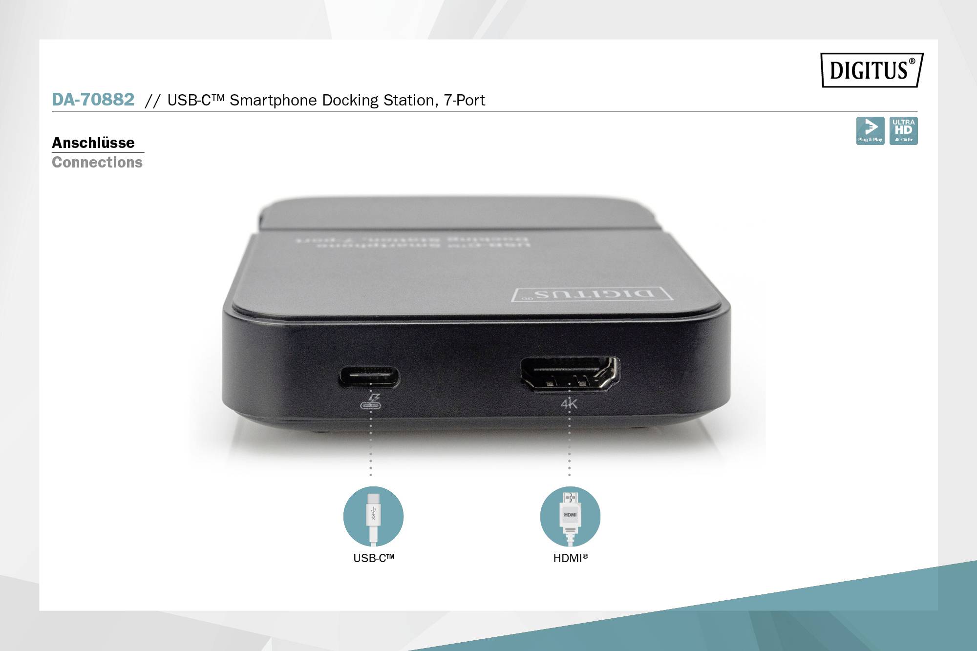 De afbeelding toont een USB-C smartphone-dockingstation met 7 aansluitingen, waaronder USB-C en HDMI, voor een naadloze verbinding.