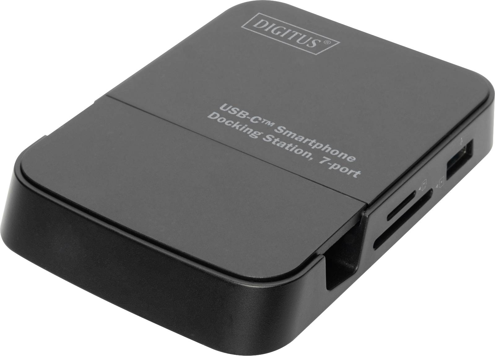 'Zwarte USB-C smartphone dockingstation met 7 aansluitingen op witte achtergrond. Zijdelings zichtbare aansluitingen zijn voor kaarten en USB.'