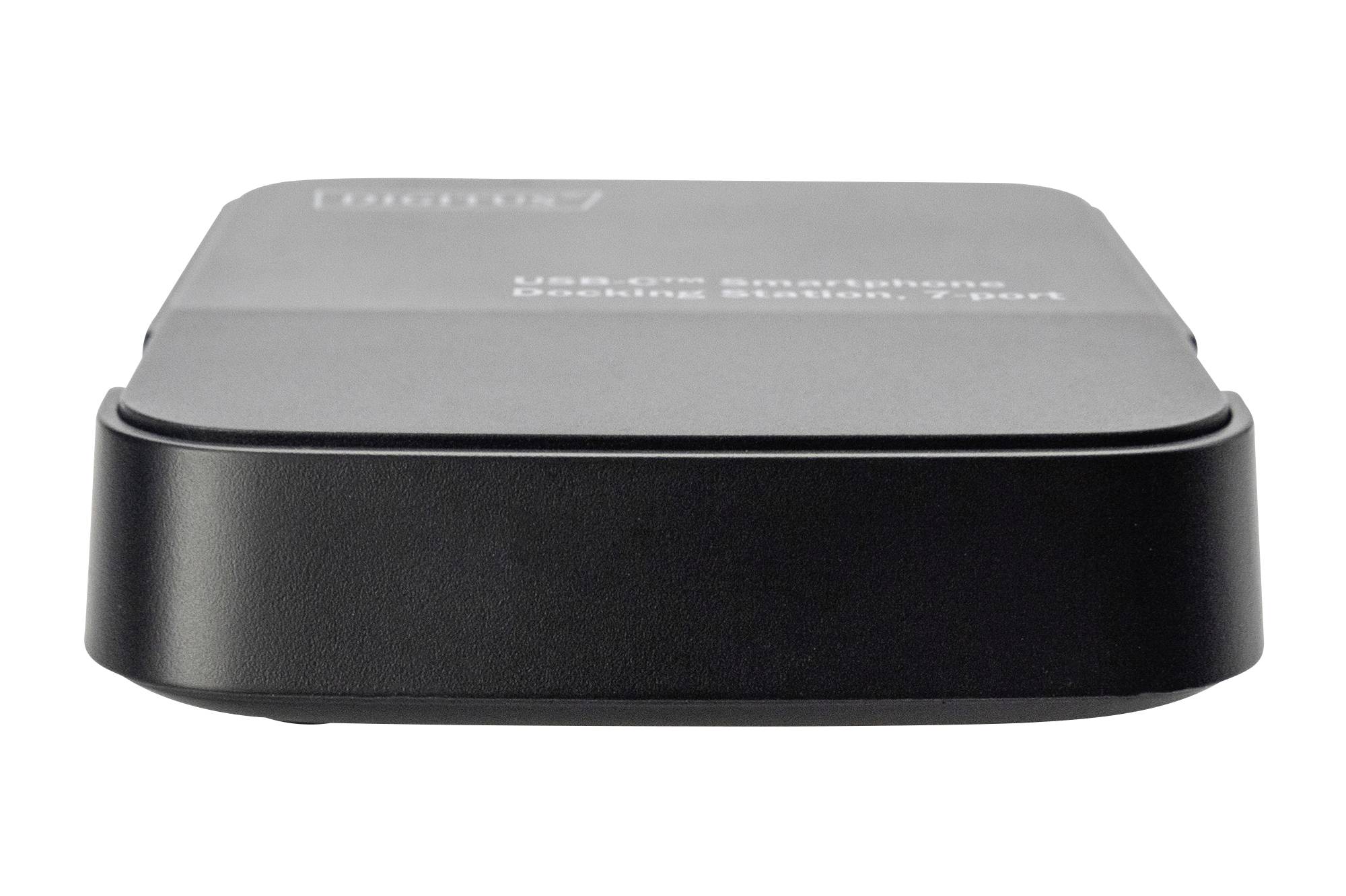 Een compact, zwart apparaat met het opschrift "USB-C/3.0 Smartphone Docking Station, 1 Poort" op de bovenkant.