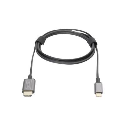 Een zwart HDMI-kabel met een grote standaard-connector aan de ene kant en een kleinere connector aan de andere kant, opgerold.