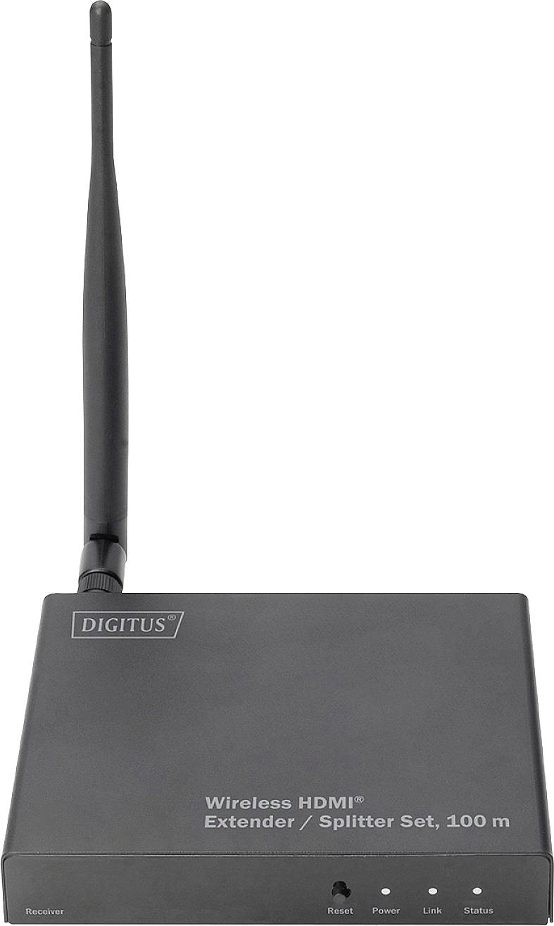 Een zwarte draadloze HDMI-extender van Digitus met een antenne, geschikt voor 100 meter.