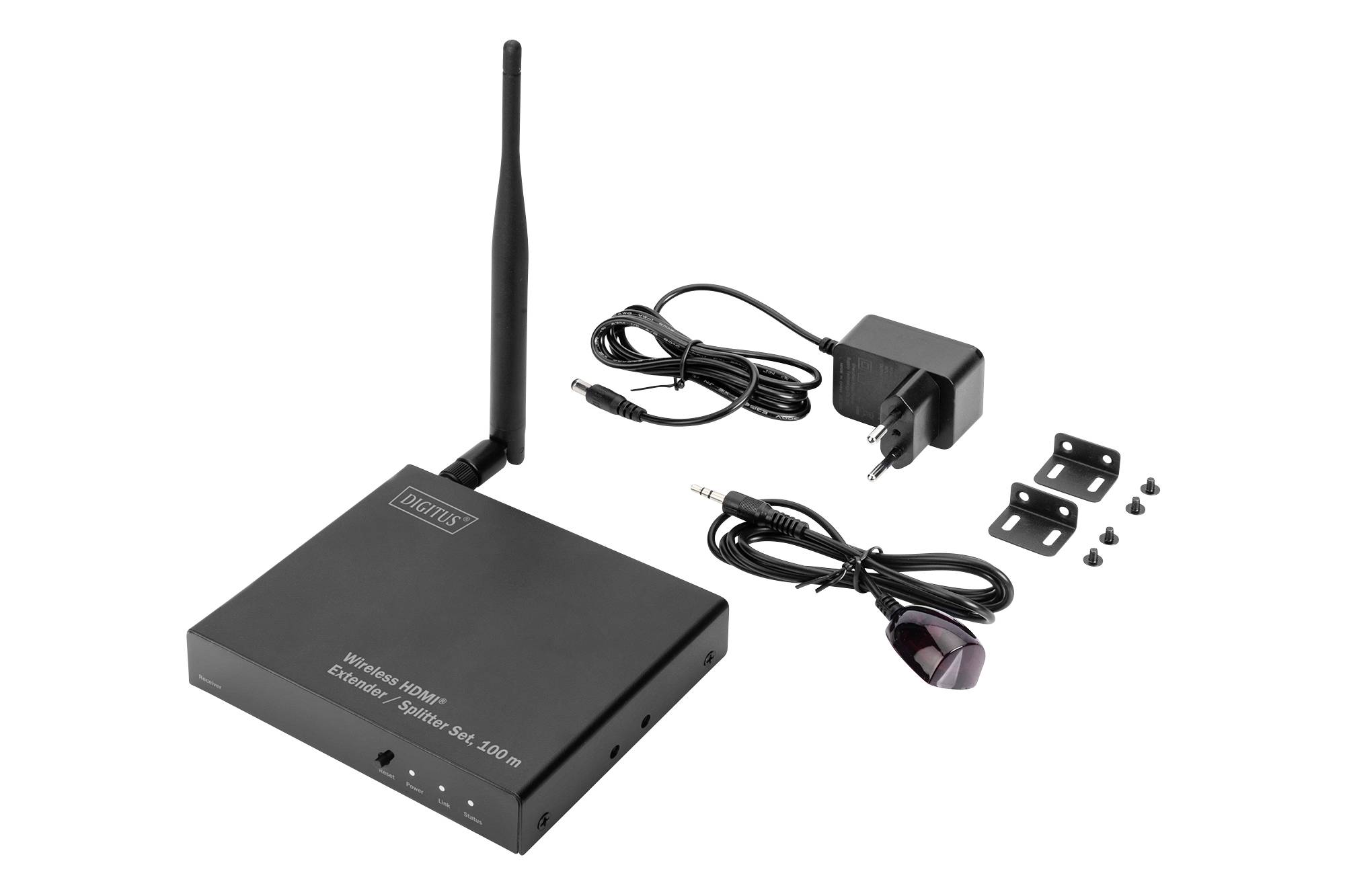 WLAN-antenne met voedingsadapter en twee montagesteunen, ontworpen voor draadloze audio-/videosignalen. Inclusief verbindingskabel en schroeven.