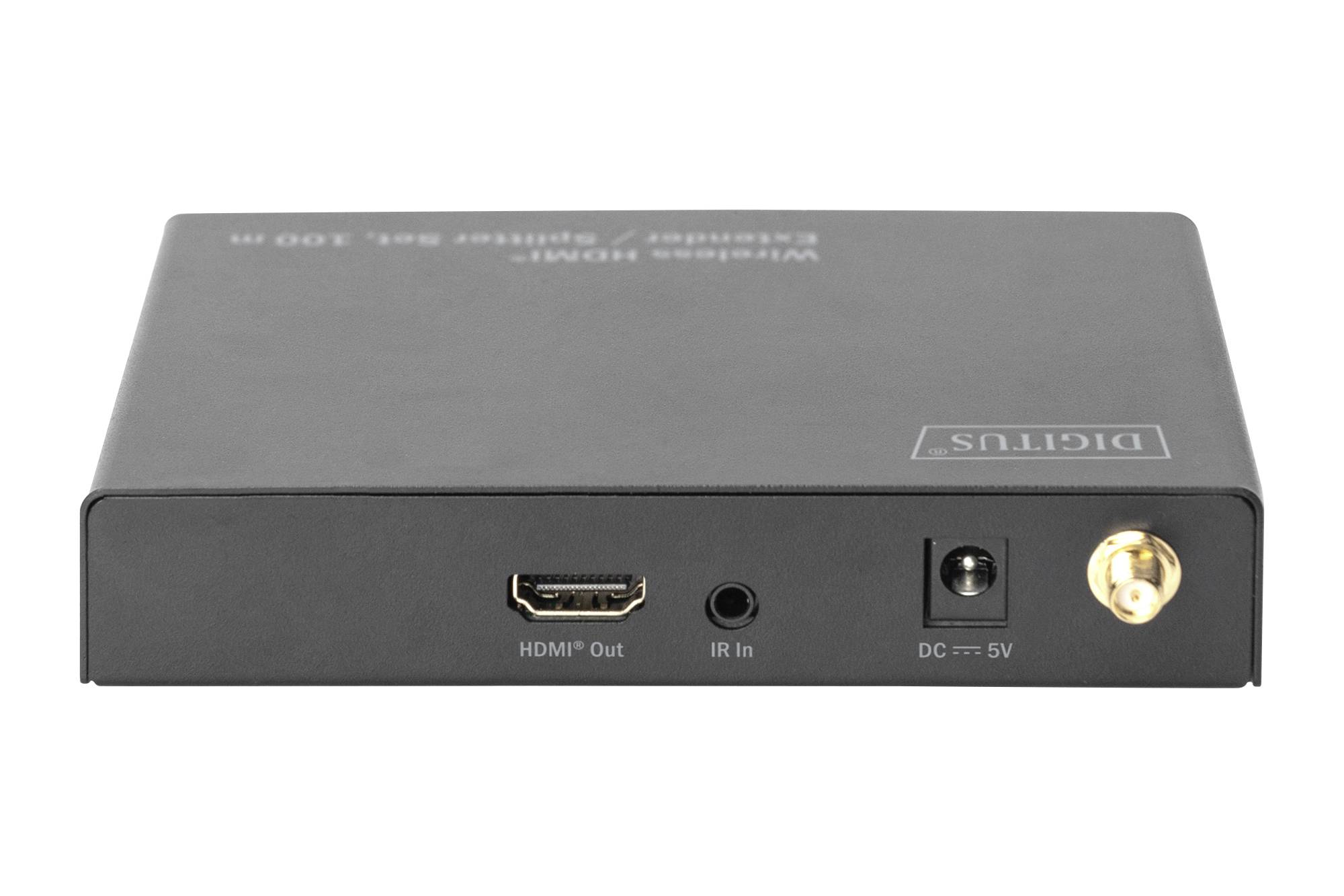Een zwarte draadloze HDMI- en IR-extender met aansluitingen voor HDMI-uitgang, IR-ingang en DC-voeding 5V.