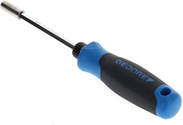 Een blauwe en zwarte schroevendraaier met een ergonomische greep waarop 'GEDORE' staat.