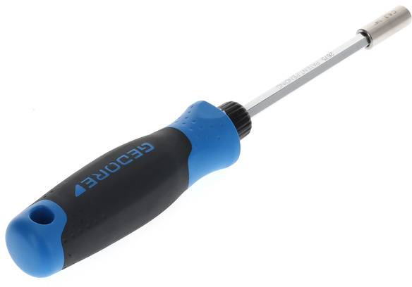 Schroevendraaier met een blauw-zwarte handgreep en metalen lemmet, geschikt voor algemene schroefwerkzaamheden.
