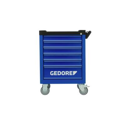 Een blauwe gereedschapswagen met zes laden, op wielen, met het opschrift 'GEDORE' op de voorkant.