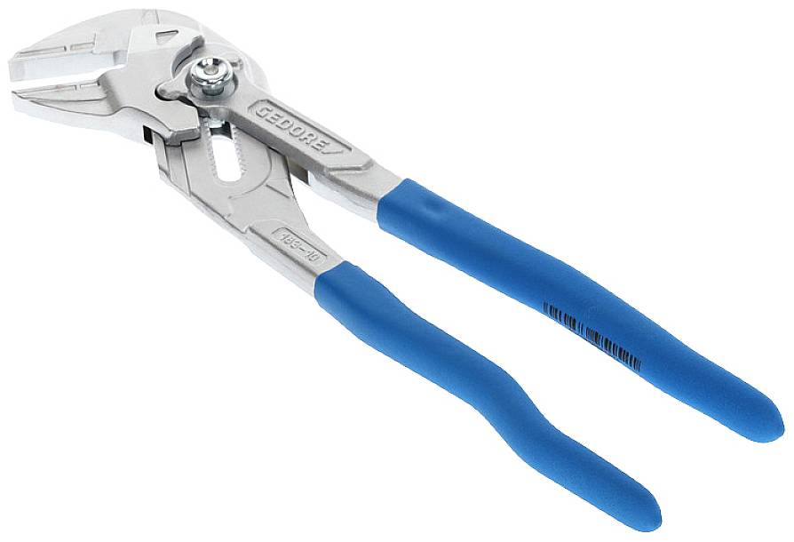 Een waterpomptang met een blauwe handgreep, zilveren bekken en verstelbaar scharnier.
