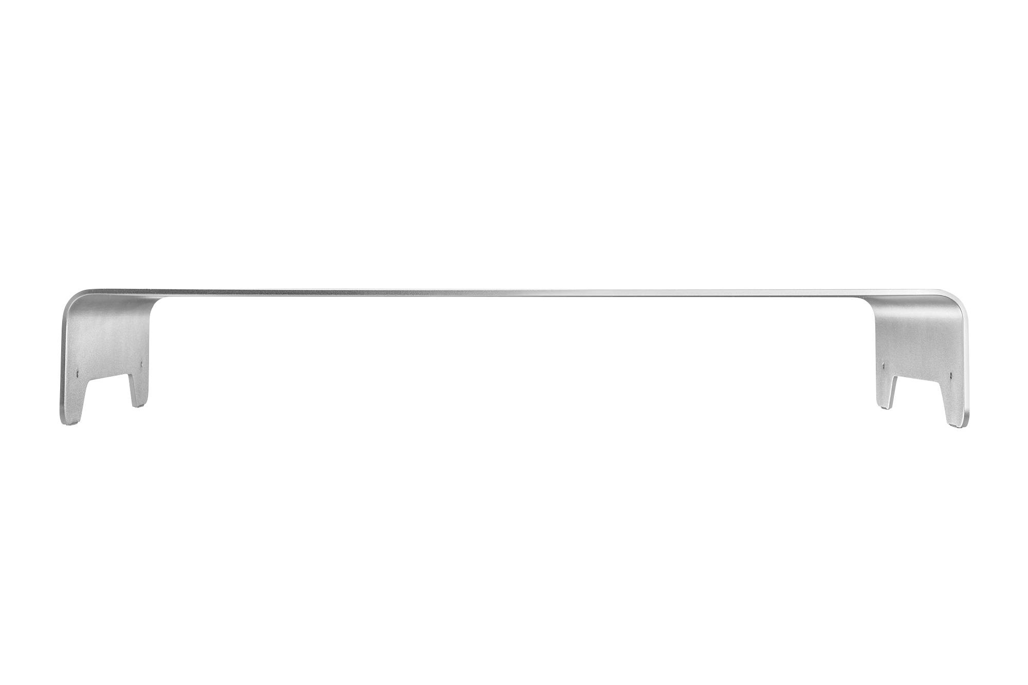 Een zilveren, minimalistische laptopstandaard van metaal met twee steunpunten die een verhoogde positie van het apparaat mogelijk maken.