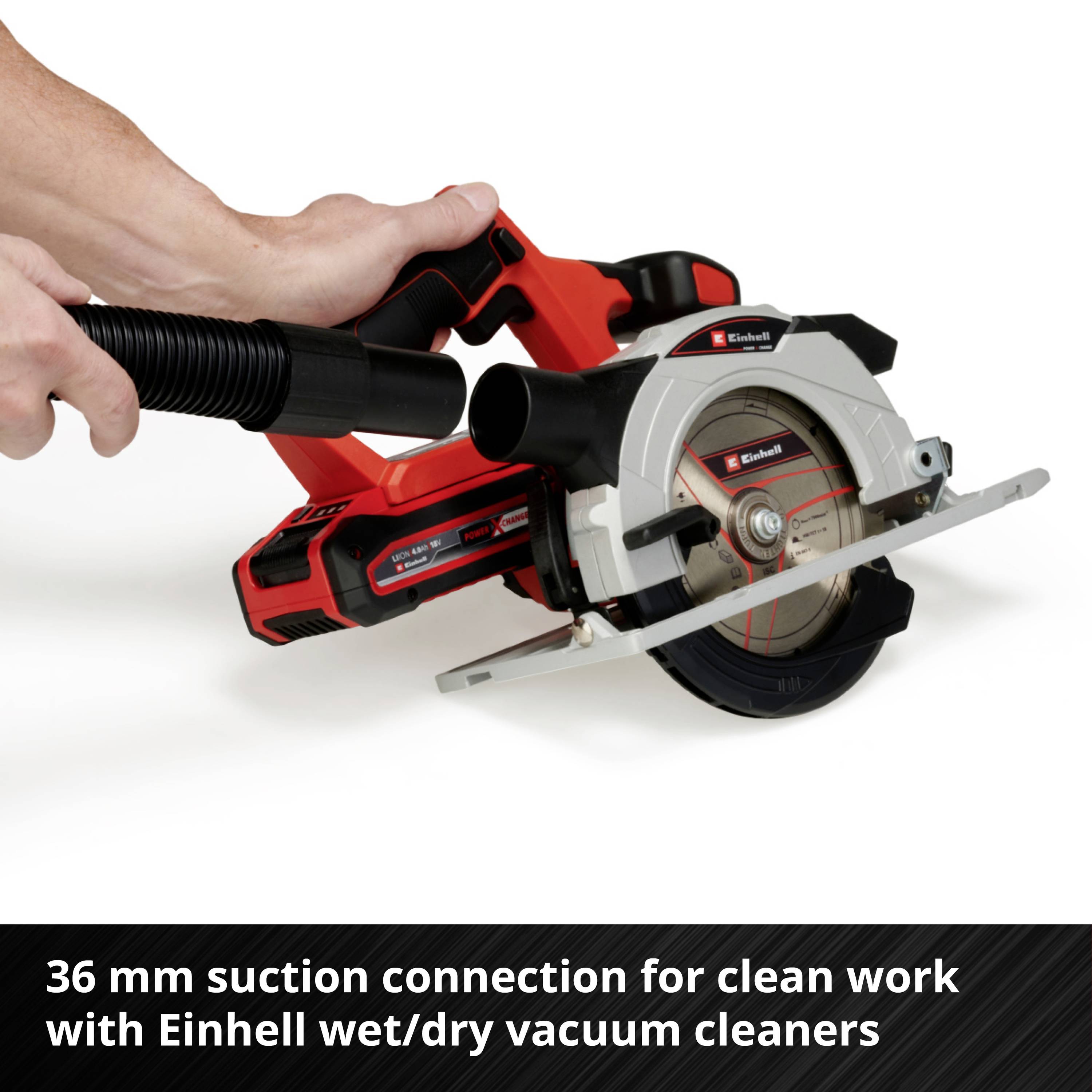 'Cirkelzaag met stofafzuigaansluiting. Hand houdt zaaggreep vast. Tekst: 36 mm stofafzuigaansluiting voor schoon werken met Einhell nat-droogzuigers.'