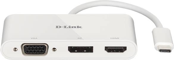 Witte adapter met USB-C-aansluiting naar VGA-, DP- en HDMI-poorten, D-Link-logo bovenaan. Ideaal voor het aansluiten van apparaten op monitors.
