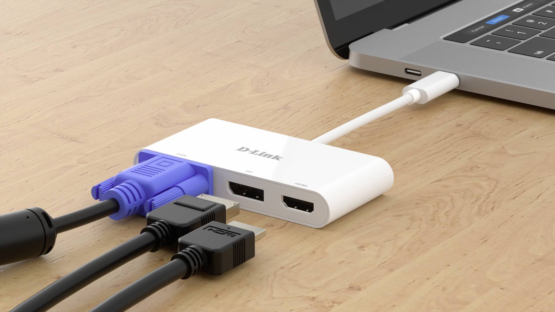 Een adapter verbindt verschillende kabeltypen met een laptop: HDMI, USB en VGA. Hij maakt het mogelijk om meerdere apparaten tegelijkertijd aan te sluiten.