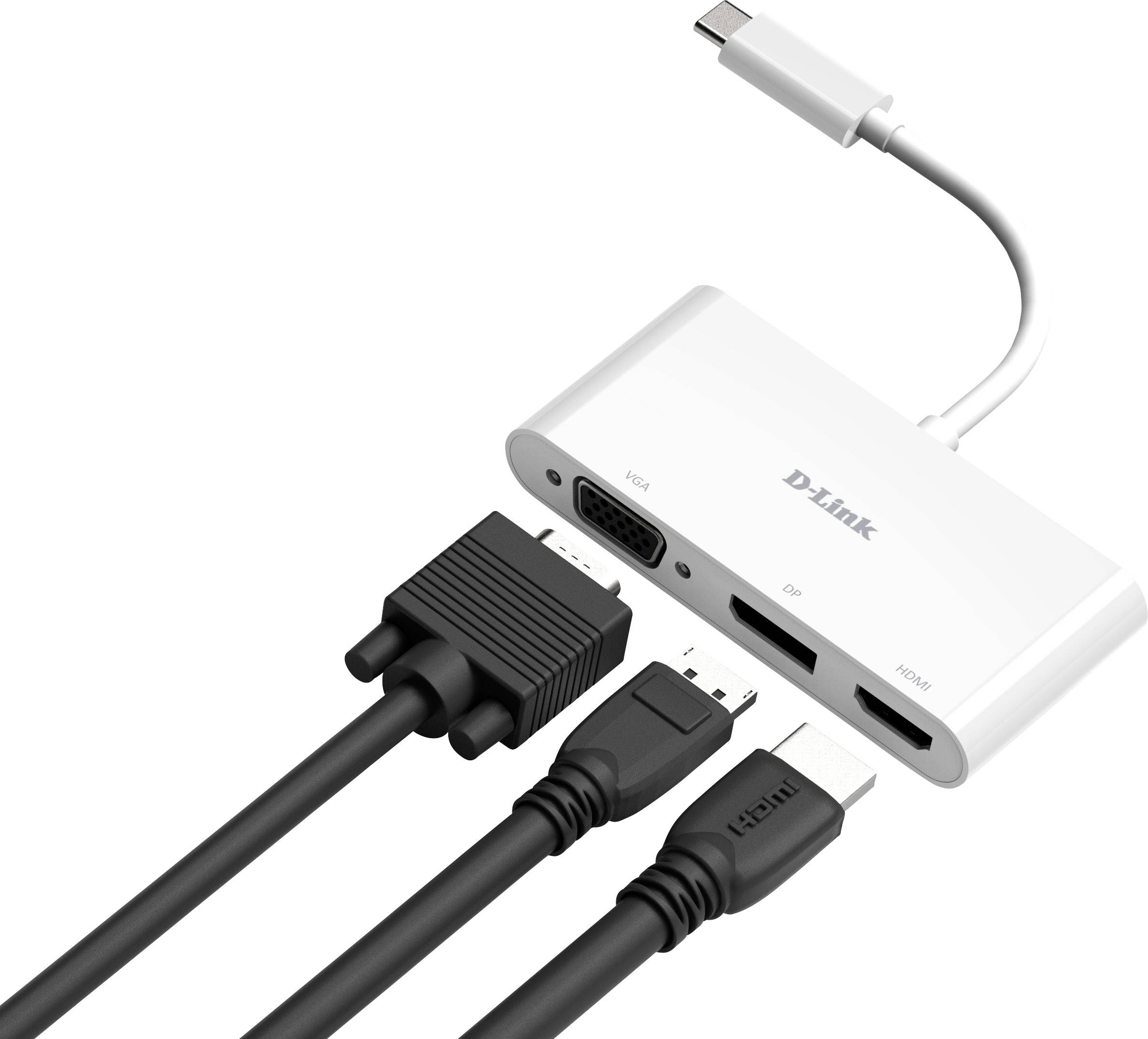 Een witte adapterbox met een USB-C-kabel die is aangesloten op drie kabels voor HDMI, DVI en VGA.