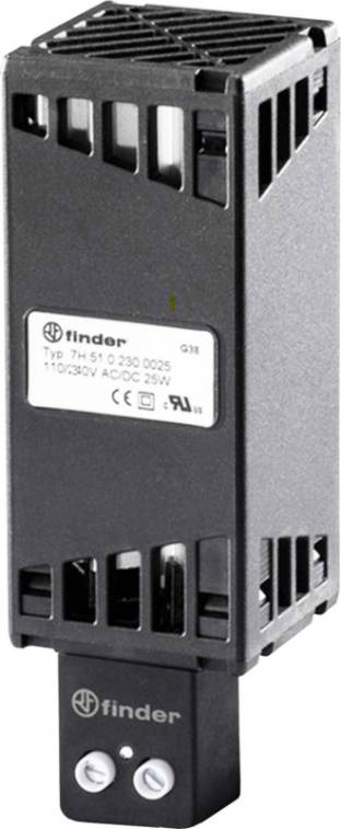 Een elektrisch relais van Finder, modelnummer 7H.51, 110/230V AC/DC, 25W, met een rechthoekige, zwarte behuizing en ventilatiesleuven.