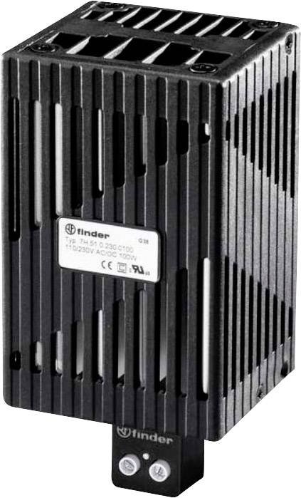 Zwart verwarmingstoestel van Finder voor schakelkasten, model 7H, ter voorkoming van condensatie. Geschikt voor 230V AC/DC, 100W.