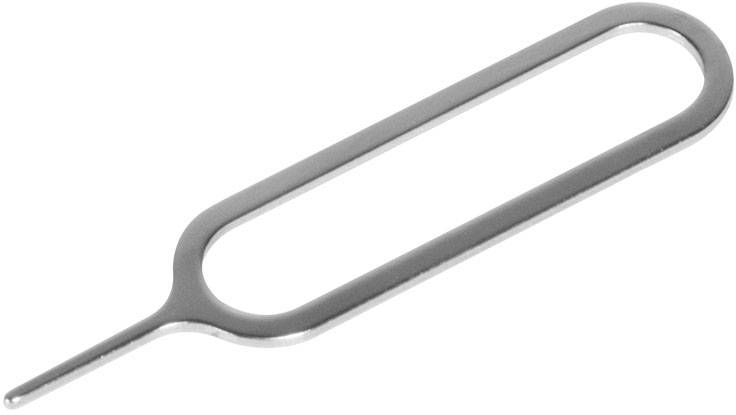 Een metalen SIM-kaart uitwerpgereedschap met een ovale vorm en een punt voor het verwijderen van SIM-kaarten uit mobiele apparaten.