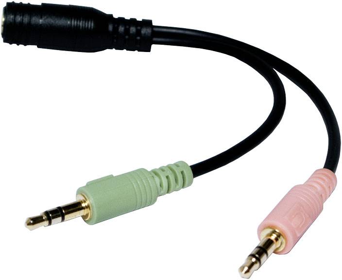 Een Y-adapterkabel met twee 3,5-mm-jackstekkers, één groen en één roze, en een zwarte aansluiting.