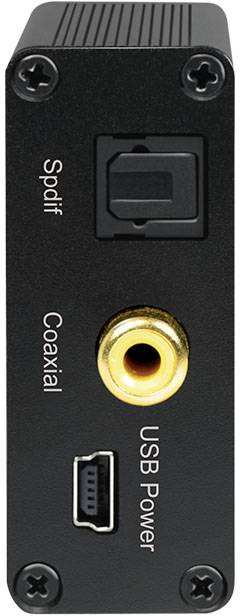 Een zwart elektronisch apparaat met coaxiale en USB-energieaansluitingen, alsmede een SPDIF-aansluiting.