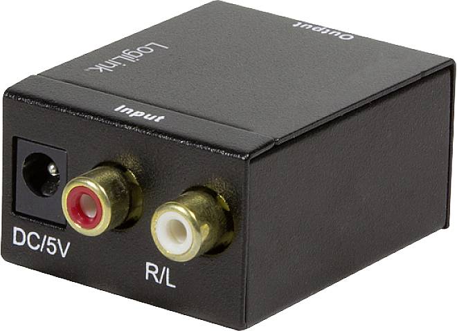 Zwarte audio-converter met aansluitingen: 'DC/5V' voor stroomvoorziening en 'R/L' voor audio-ingang, 'Output' voor uitgang.
