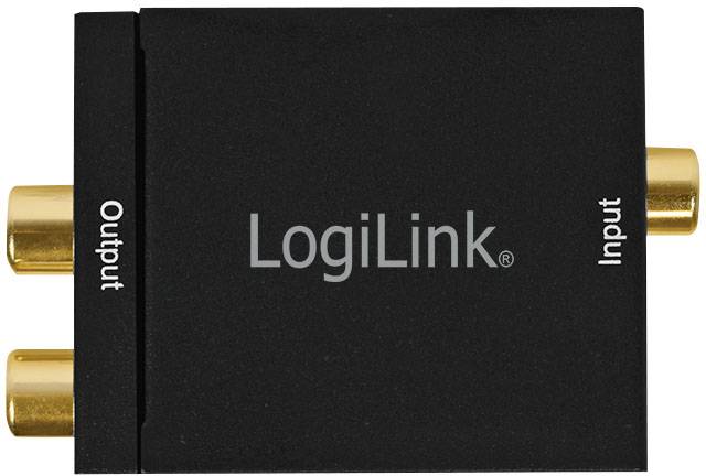 Zwarte LogiLink converter met gouden aansluitingen; links gemarkeerd als 'Output', rechts als 'Input'.