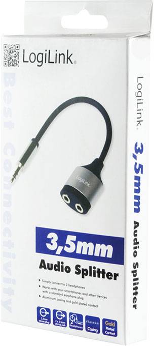 Verpakking van een 'LogiLink 3,5mm Audio Splitter' voor het verdelen van audio naar twee hoofdtelefoons. Productafbeelding en opschrift.