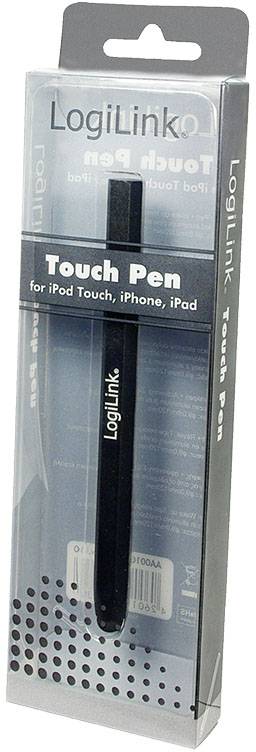 Verpakte LogiLink Touch Pen voor iPod Touch, iPhone en iPad. Verpakking is transparant met zwarte pen en opdruk.