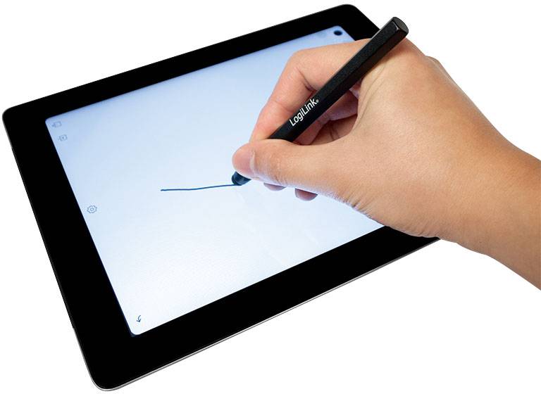 Een hand tekent met een pen op een tabletscherm.